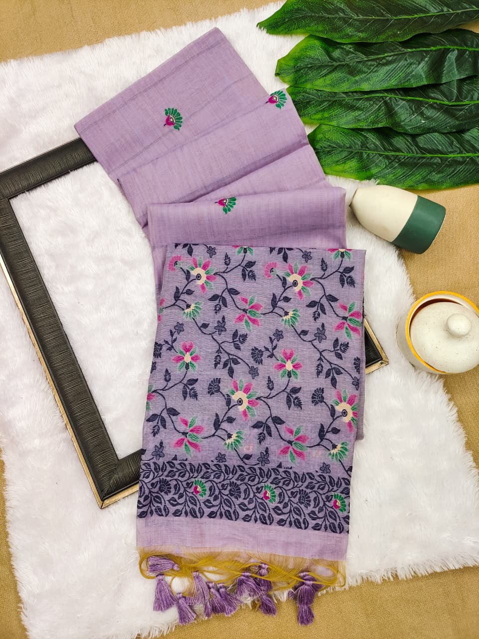 Elegant Chanderi Cotton Saree with All-Over Floral Weaving- PURPLE