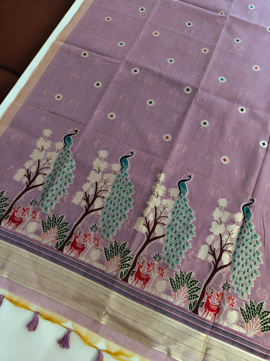 Soft Muga Cotton Maheswari Pattern Saree - Purple