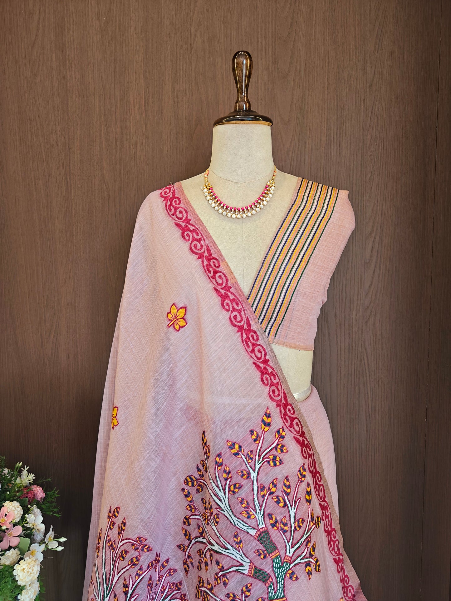 Classic Muga Cotton Saree with Unstitched Blouse and Artistic Border-PURPLE