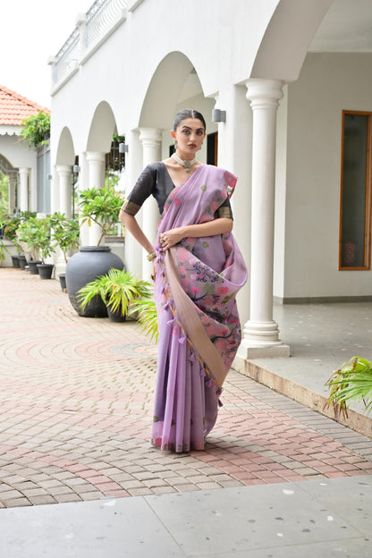Premium Chanderi Cotton Handloom Saree- PURPLE