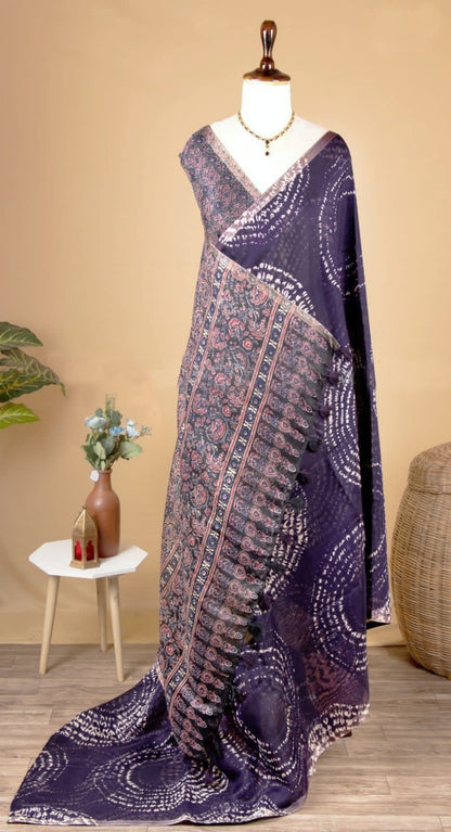Soft Linen Cotton Heritage Print Saree for Women - Purple