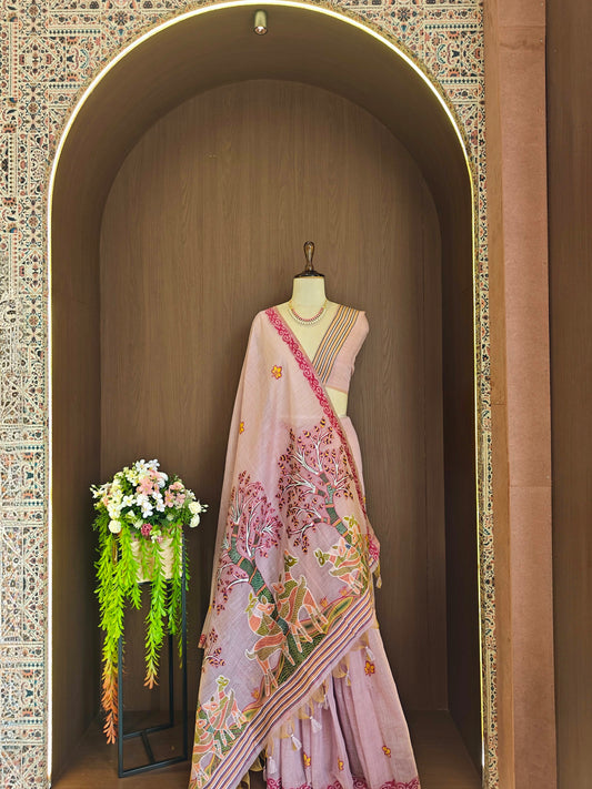 Classic Muga Cotton Saree with Unstitched Blouse and Artistic Border-PURPLE