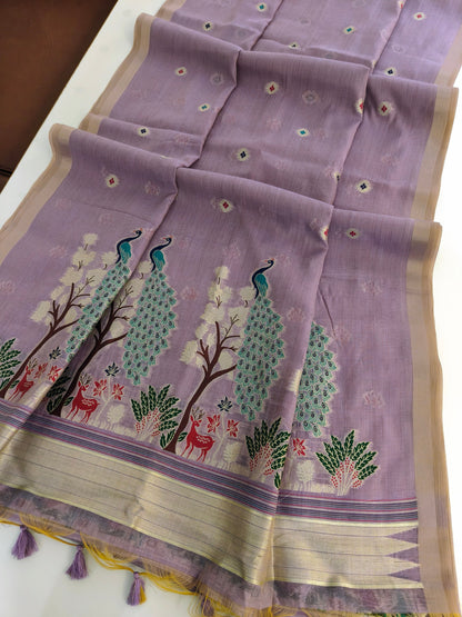 Soft Muga Cotton Maheswari Pattern Saree - Purple