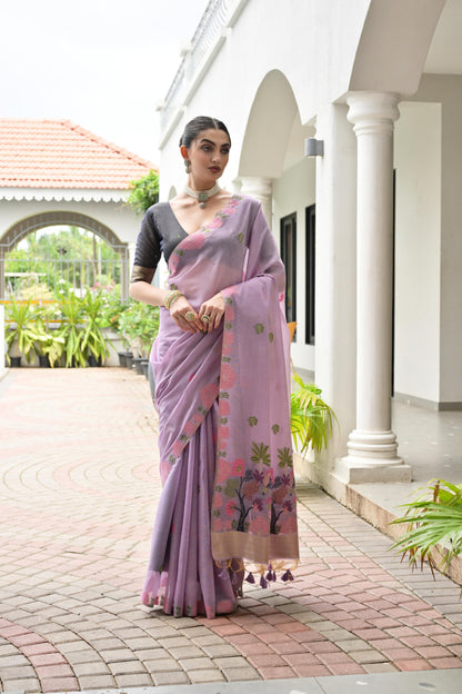 Premium Chanderi Cotton Handloom Saree- PURPLE