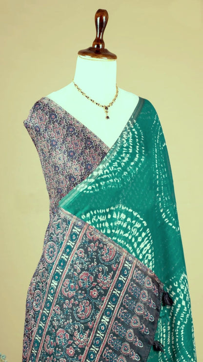 Soft Linen Cotton Heritage Print Saree for Women - Rama