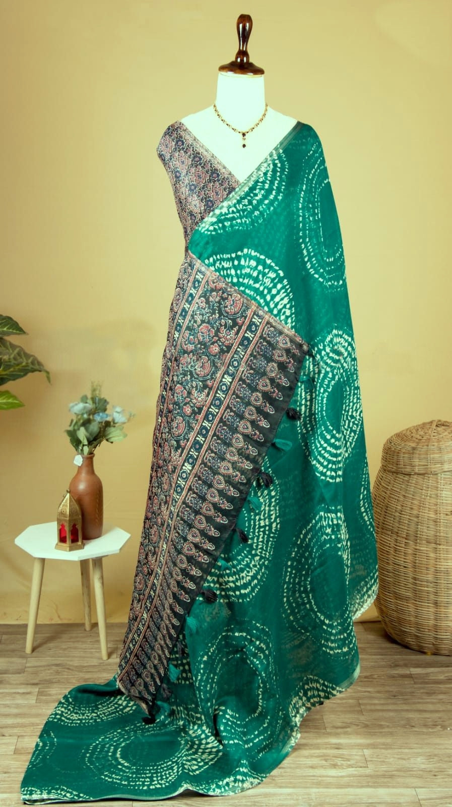 Soft Linen Cotton Heritage Print Saree for Women - Rama
