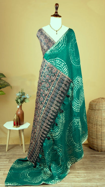 Soft Linen Cotton Heritage Print Saree for Women - Rama