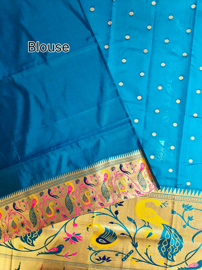 Premium Teal  Silk Saree with Peacock & Bird Woven Pallu- RAMA