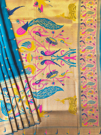 Premium Teal  Silk Saree with Peacock & Bird Woven Pallu- RAMA