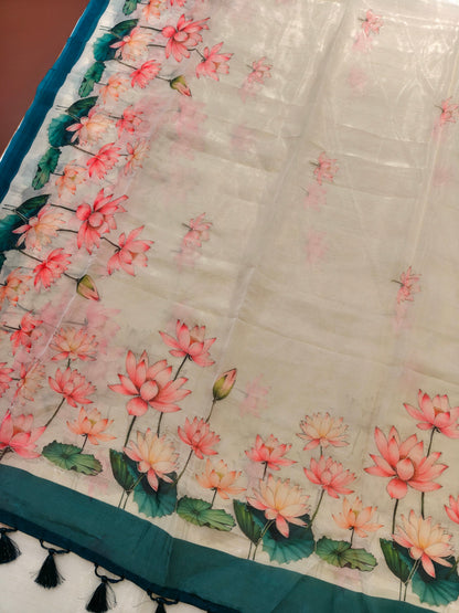 Elegant Organza Silk Saree with Floral Pallu and Stylish Tassels-RAMA
