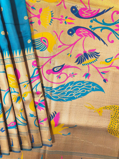 Premium Teal  Silk Saree with Peacock & Bird Woven Pallu- RAMA