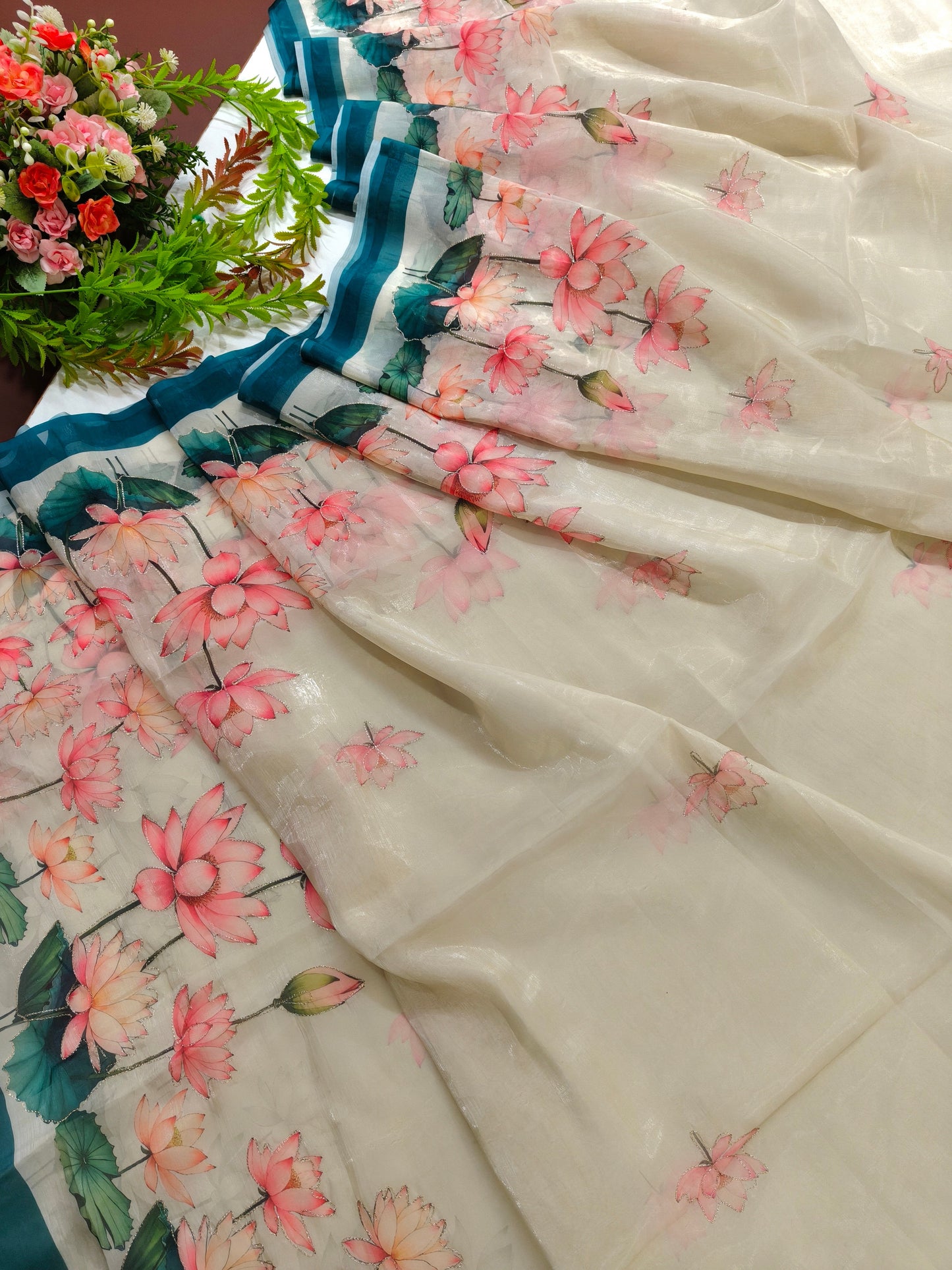 Elegant Organza Silk Saree with Floral Pallu and Stylish Tassels-RAMA