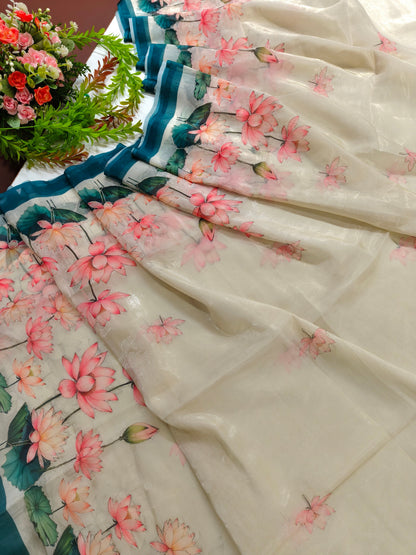 Elegant Organza Silk Saree with Floral Pallu and Stylish Tassels-RAMA