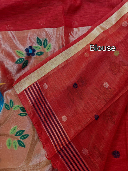 Pure Linen Saree With Zari Bird & Floral Pallu - RED