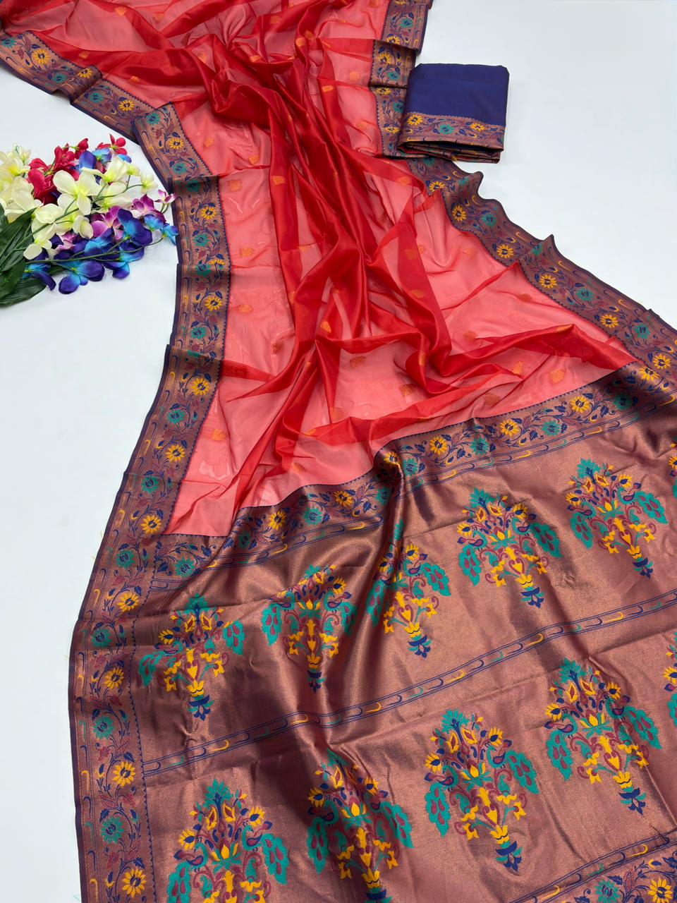 Royal Banarasi Saree with Contrast Blouse & Floral Motifs- RED