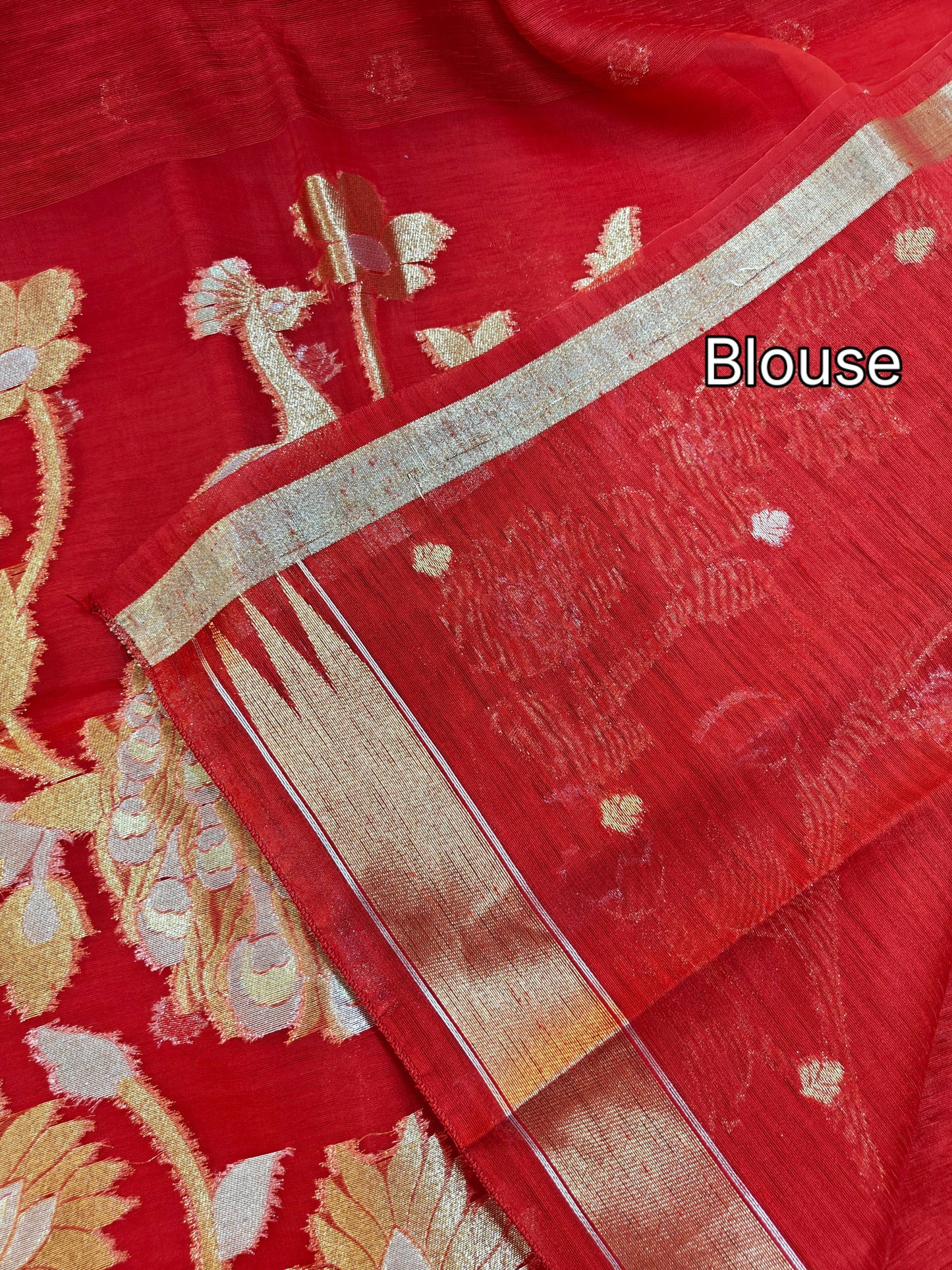 Pure Linen Saree with Antique Gold Floral & Peacock Zari Border - RED
