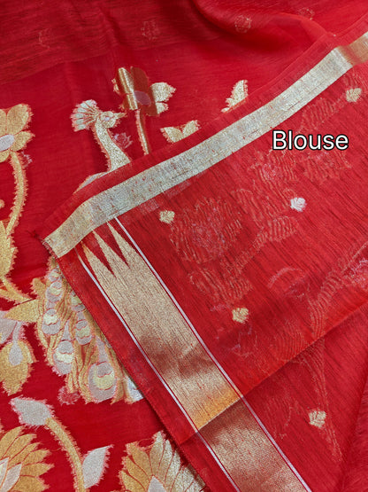 Pure Linen Saree with Antique Gold Floral & Peacock Zari Border - RED