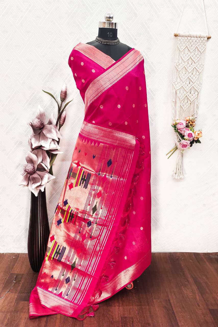 Khadi Raw Silk Saree with Traditional Woven Border & Multicolor Motifs -RED