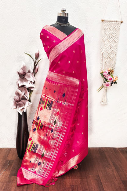 Khadi Raw Silk Saree with Traditional Woven Border & Multicolor Motifs -RED