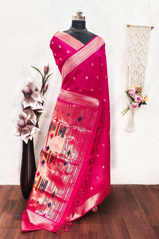 Khadi Raw Silk Saree with Traditional Woven Border & Multicolor Motifs -RED