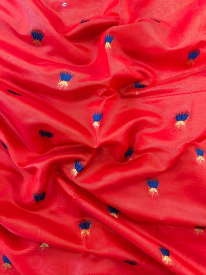 Paithani Silk Saree with Floral Motifs and Zari Pallu - RED