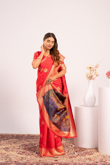 Handloom Banarasi Paithani Silk Saree with Artistic Peacock Pallu - RED