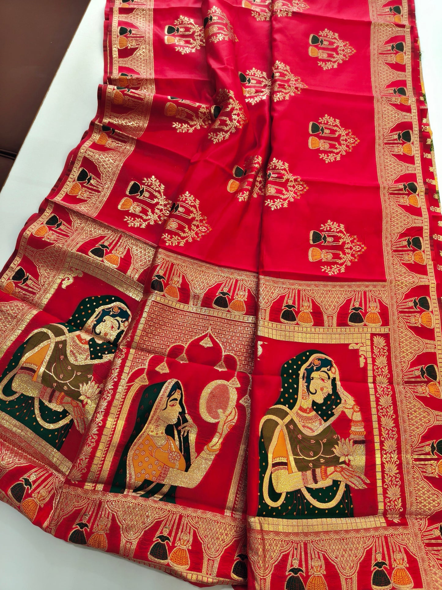 SOFT BANARASI PASHMINA  SAREE WITH ZARI BORDER -  RED