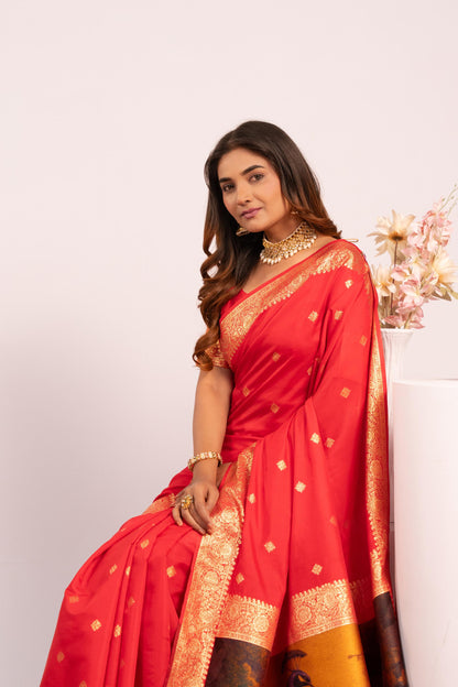 Traditional Paithani Saree with Zari Butti & Storytelling Pallu - RED