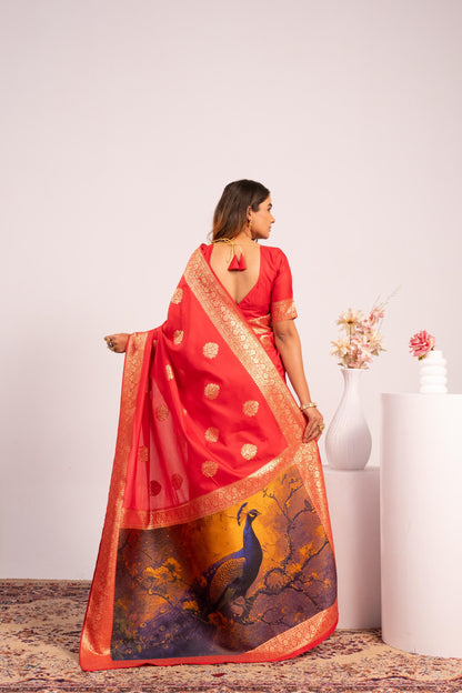 Handloom Banarasi Paithani Silk Saree with Artistic Peacock Pallu - RED