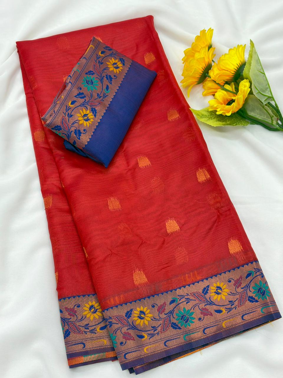 Royal Banarasi Saree with Contrast Blouse & Floral Motifs- RED