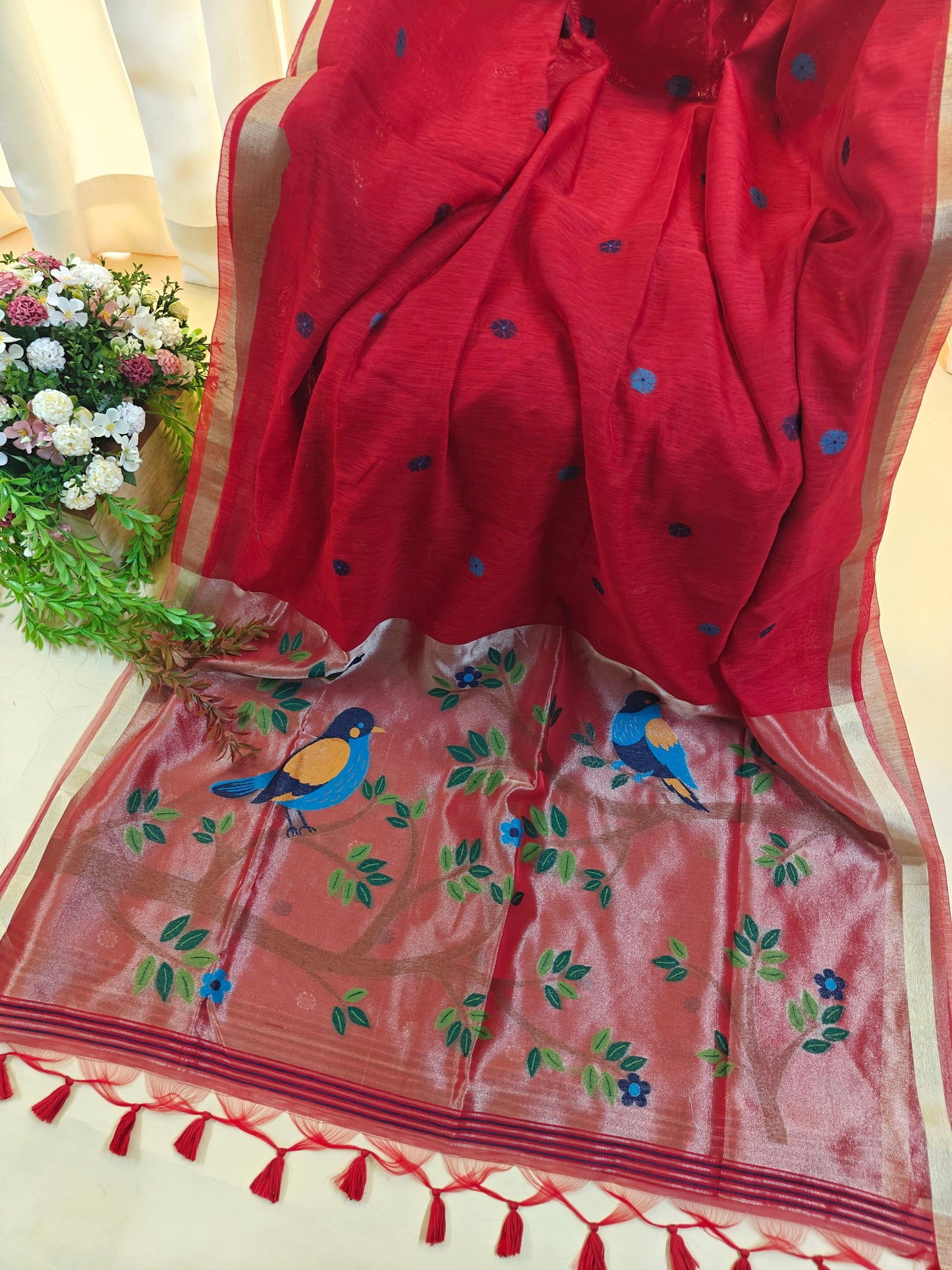 Pure Linen Saree With Zari Bird & Floral Pallu - RED
