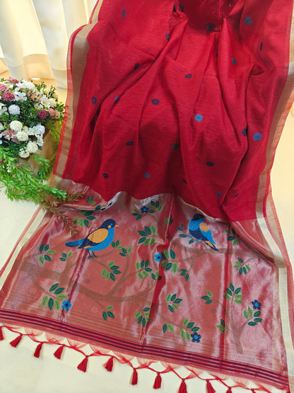 Pure Linen Saree With Zari Bird & Floral Pallu - RED