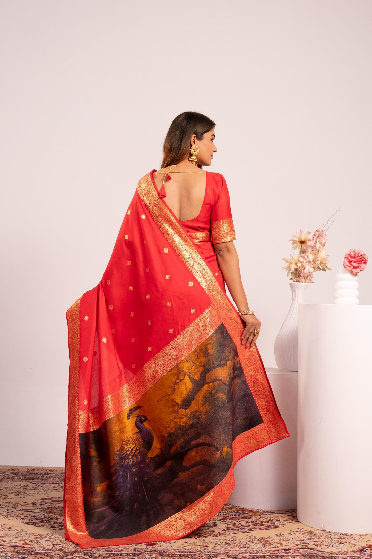 Traditional Paithani Saree with Zari Butti & Storytelling Pallu - RED