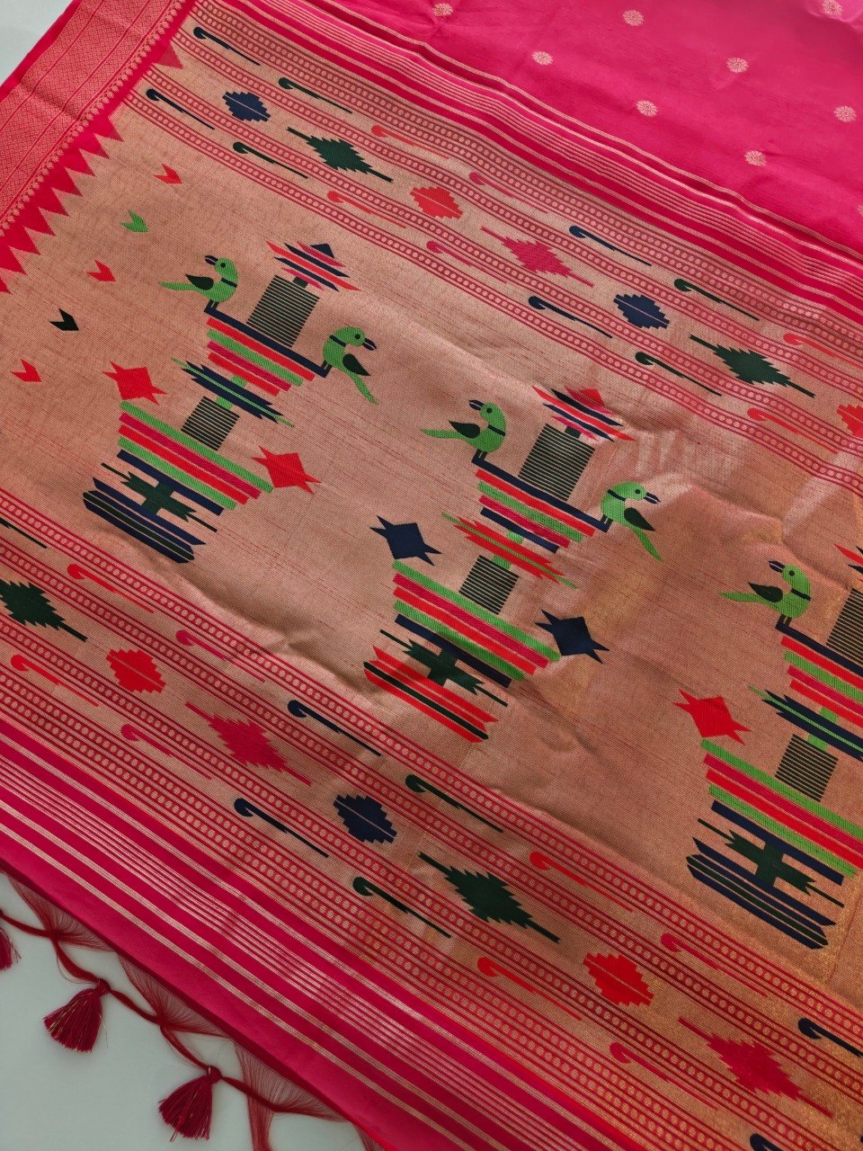 Khadi Raw Silk Saree with Traditional Woven Border & Multicolor Motifs -RED