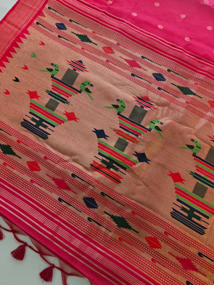 Khadi Raw Silk Saree with Traditional Woven Border & Multicolor Motifs -RED