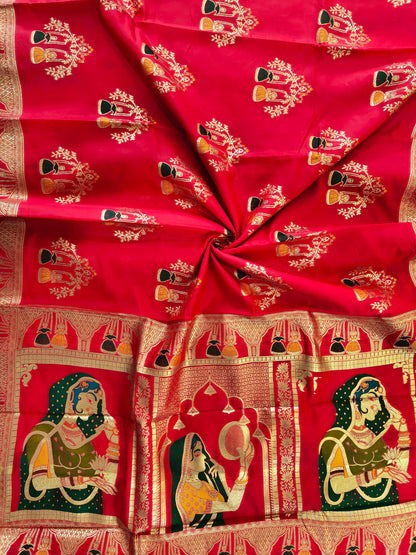 SOFT BANARASI PASHMINA  SAREE WITH ZARI BORDER -  RED