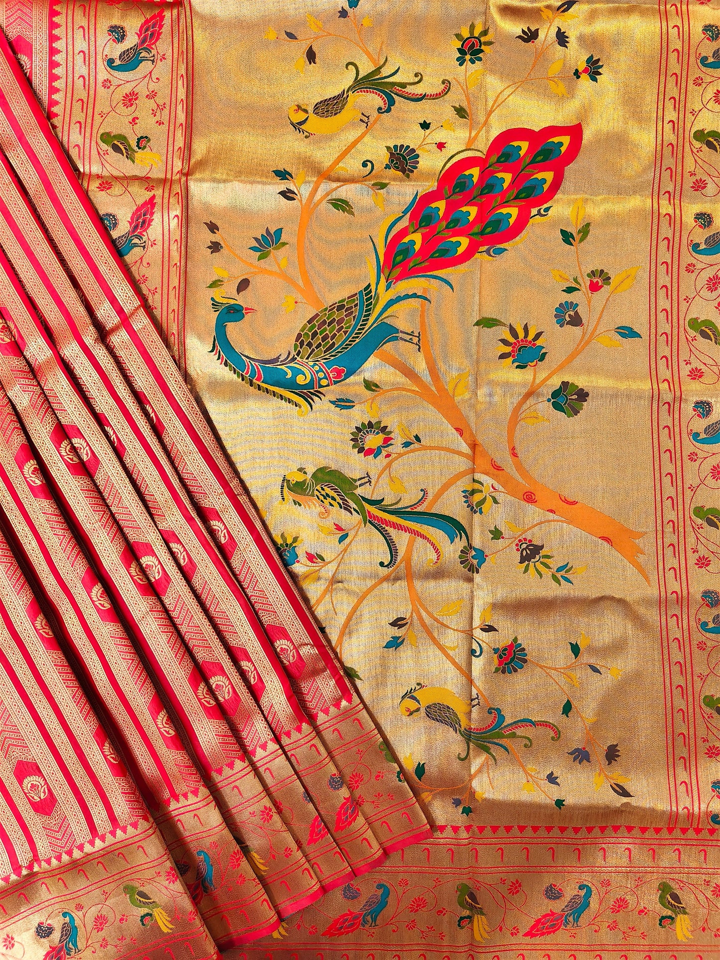 Banarsi Paithani Copper Zari Silk Saree- Red