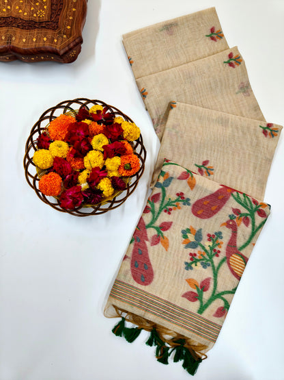 Signature Muga Cotton Saree with Peacock Inspired Pallu - RED