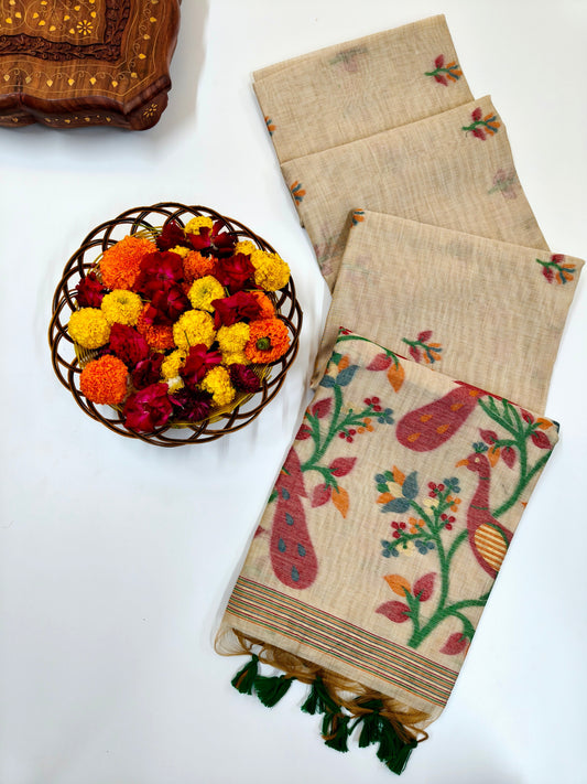 Signature Muga Cotton Saree with Peacock Inspired Pallu - RED