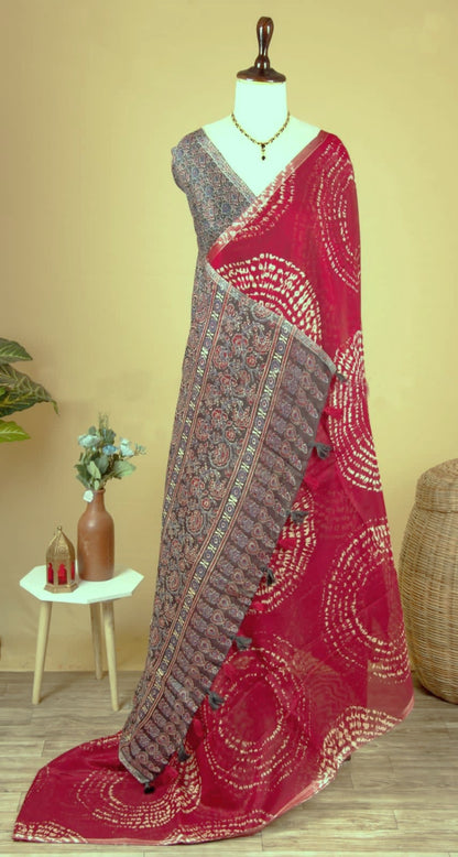 Soft Linen Cotton Heritage Print Saree for Women - Red