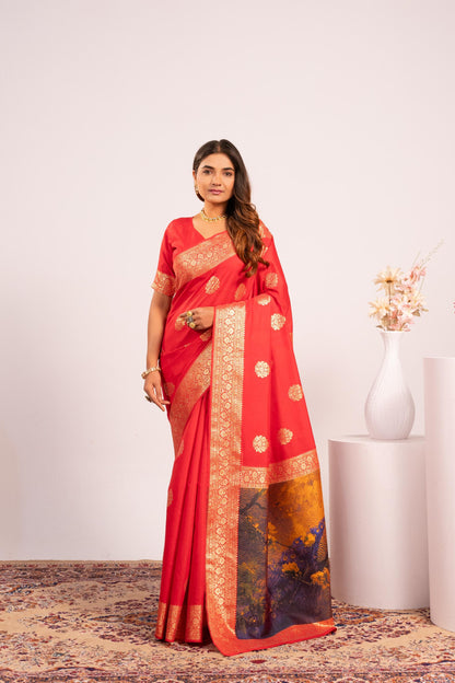 Handloom Banarasi Paithani Silk Saree with Artistic Peacock Pallu - RED