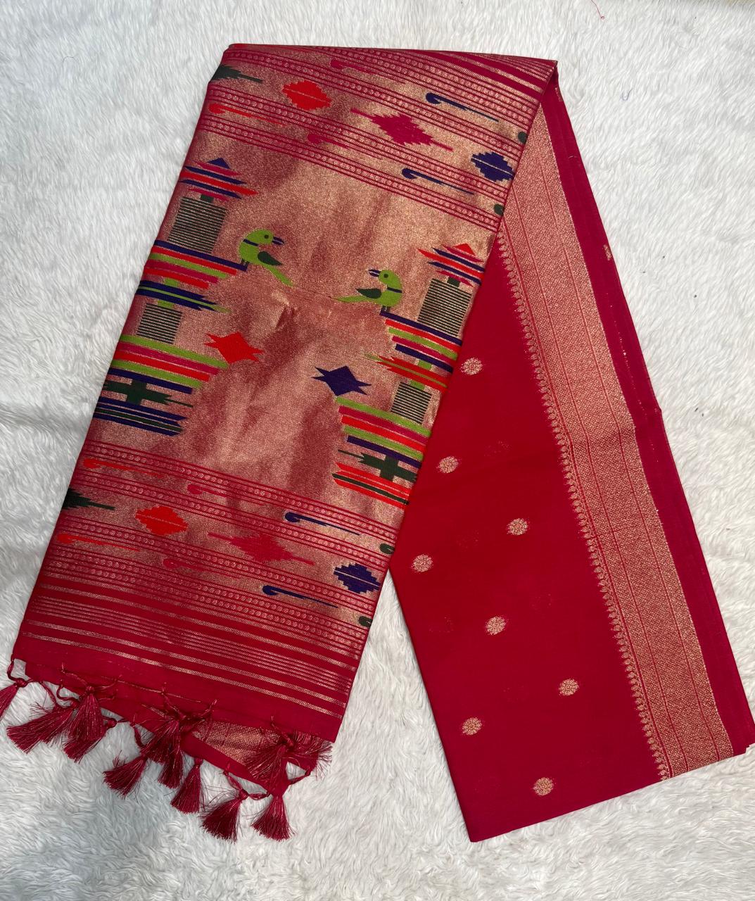 Khadi Raw Silk Saree with Traditional Woven Border & Multicolor Motifs -RED