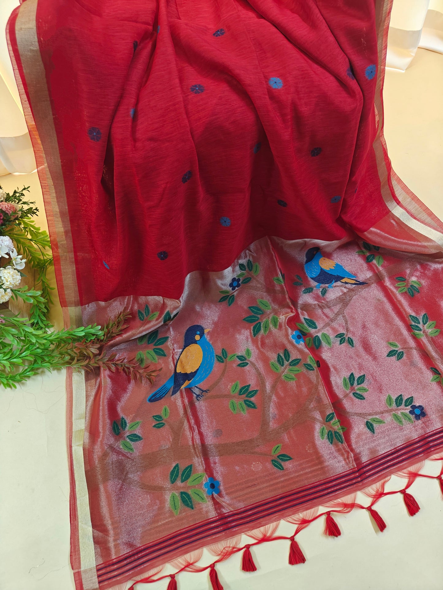 Pure Linen Saree With Zari Bird & Floral Pallu - RED