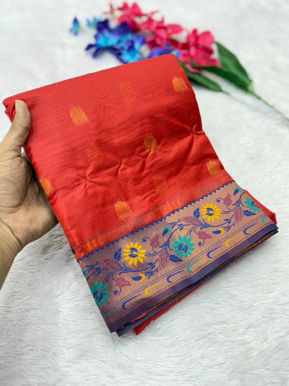 Royal Banarasi Saree with Contrast Blouse & Floral Motifs- RED