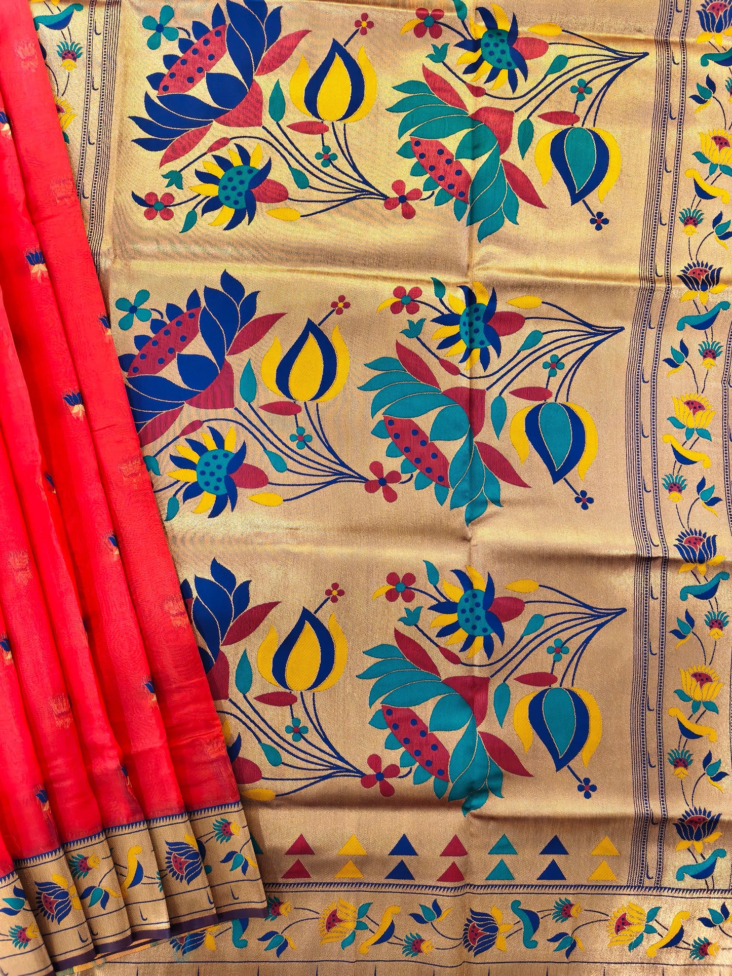 Paithani Silk Saree with Floral Motifs and Zari Pallu - RED