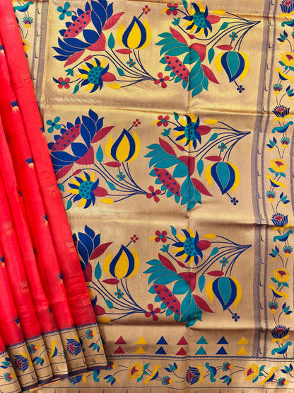 Paithani Silk Saree with Floral Motifs and Zari Pallu - RED