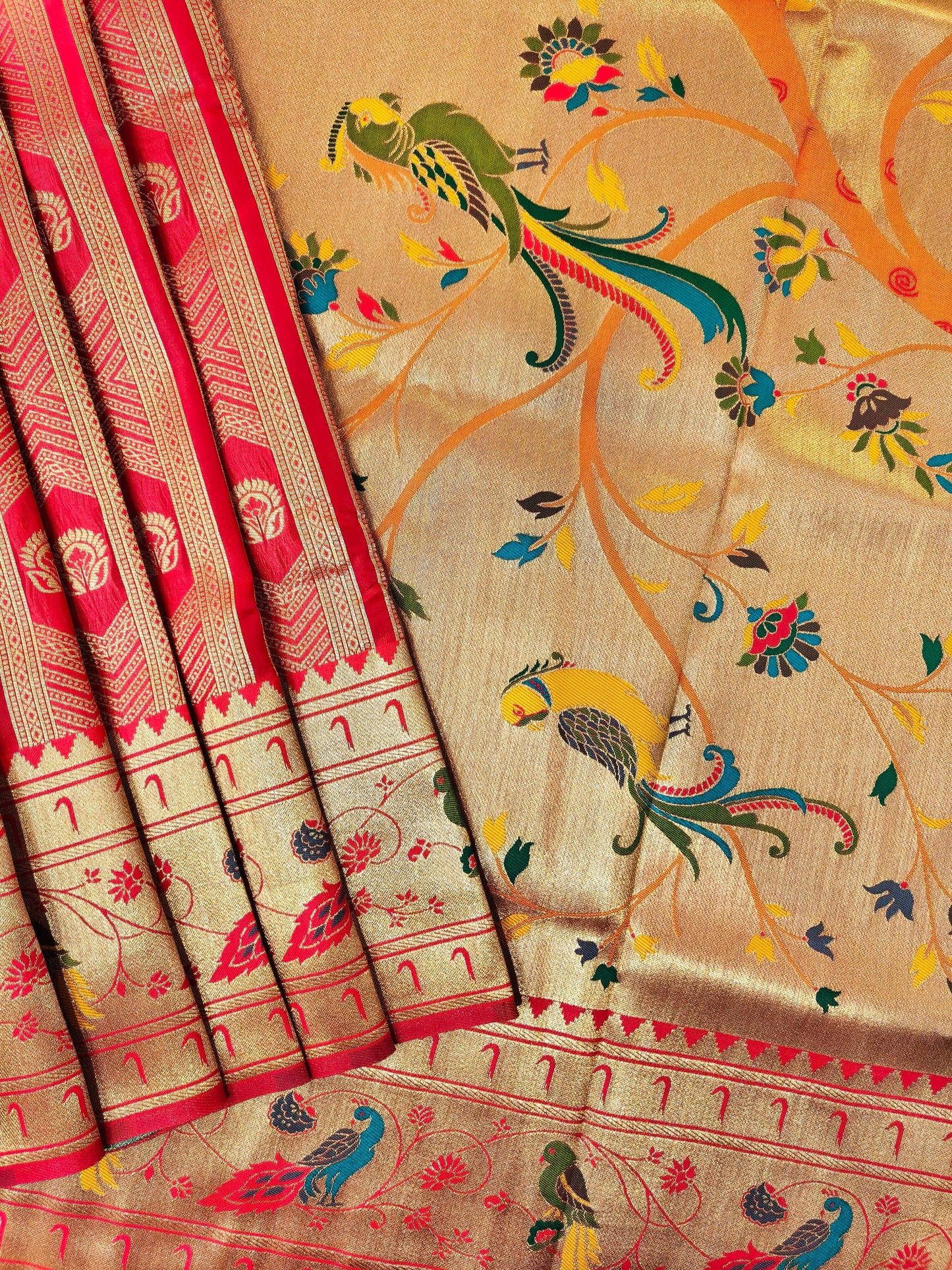 Banarsi Paithani Copper Zari Silk Saree- Red