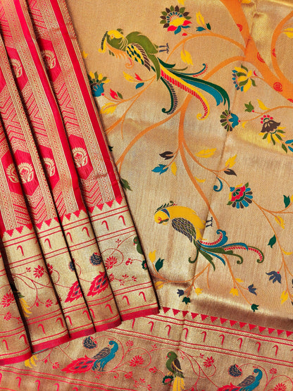 Banarsi Paithani Copper Zari Silk Saree- Red