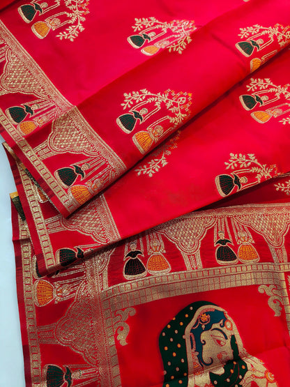 SOFT BANARASI PASHMINA  SAREE WITH ZARI BORDER -  RED