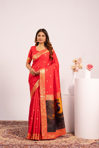 Traditional Paithani Saree with Zari Butti & Storytelling Pallu - RED